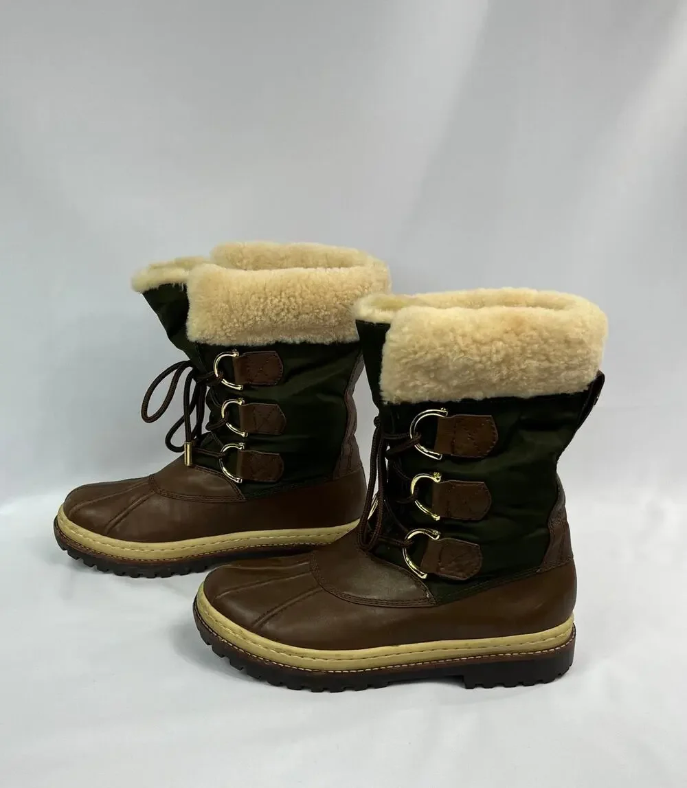 Tory Burch Duck Boots Nylon Leather Lace Up Sherling Womens 7 1/2